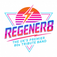 Regener8 logo – a bold, neon retro-futuristic design featuring the band's name with vibrant electric colors and geometric elements, representing the UK's premier 80s tribute band.